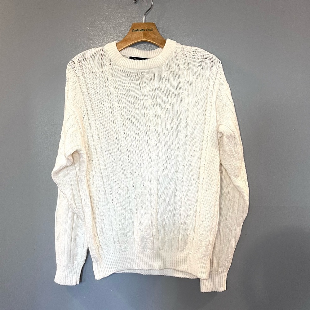 Men Christian Dior  White Crewneck Cable Knit Sweater Large VTG RARE-Made in USA